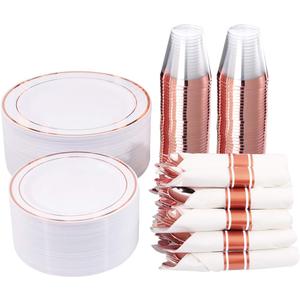 WELLIFE 350 Pieces Rose Gold Plastic Dinnerware, 50 Guests Disposable Plates with Rose Gold silverware and Cups, 50 Pre Rolled Napkins with Cutlery, Perfect for Wedding and Party