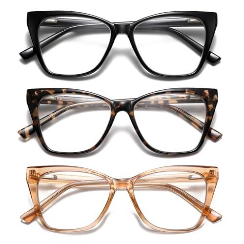PUBOWT Oversized Reading Glasses for Women Cat Eye Style Blue Light Blocking Computer Readers Ladies Designer Fashion Large Unbreakable Spring Hinge Eyewear PT2005 3Pack +1.25 Strength