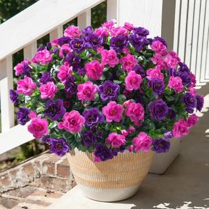 Artificial Faux Outdoor Flowers Plants for Spring Summer Decoration, Fake Silk Camellia UV Resistant Look Real for Planter Outside Front Door Porch Patio Balcony, 3 Large Bundles (Purple+Fuchsia)