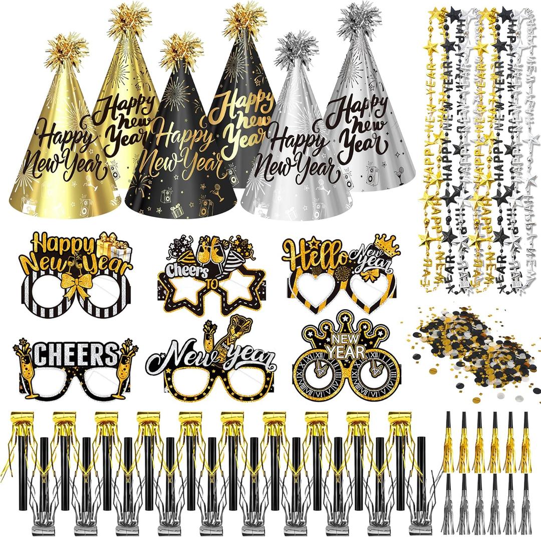 2026 New Years Eve Party Hats Kit - Happy New Years Paper Hats Eve Party Supplies for Adults Celebration Decoration (Black Gold Silver Hat + Glasses)