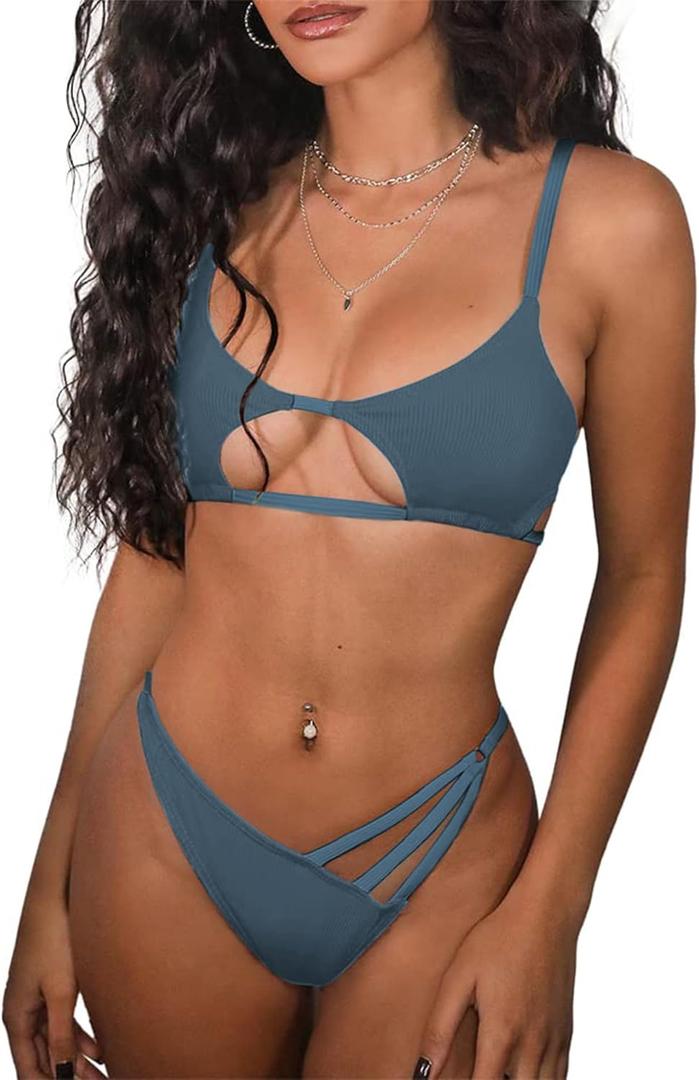 ZAFUL Women's Sexy Cutout Bikini Thong Bikini Set Tie Back Two Piece Swimsuit Bathing Suit (Medium, 1-haze Blue)