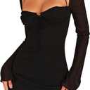 Zebaexf Women's Mesh Dress Long Puff Sleeve Mini Bodycon Sweet Neck Party Mini Dresses for Women XS