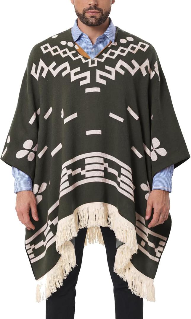 JXVX Western Cowboy Poncho Serape Authentic Mexican Hippie Alpaca Wool Poncho Halloween Western Theme Party Outfit Costume (Large-XLarge, Olive Green)