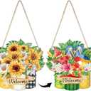 Summer Decoration Wood Sunflower Front Door Sign Double-sided Printing, Wooden Wreaths Welcome Door Wall Signs Beach Flower Ornaments Hanging Crafts for Home Farmhouse Party Porch Wall Decor