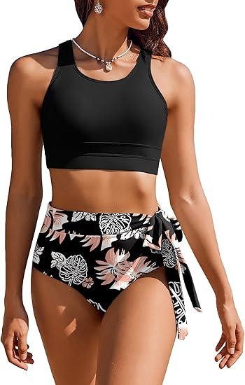 AI'MAGE Womens High Waisted Bikini Set Tummy Control 2 Piece Bathing Suit Modest Racerback Swimsuit 2025 with Tie Side Knot, Size L