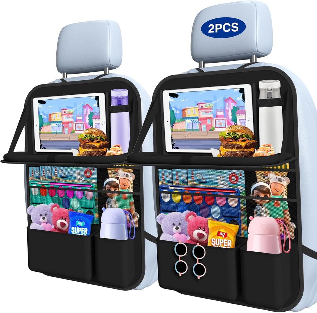 Car Backseat Organizer with Table Tray(2-Pack) 9 Storage Pockets Backseat Car Organizer and storage with Tablet Holder, Kick Mats Back Seat Cover for Kids family Road Trip Essentials Travel (Black)