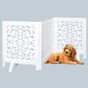 Free Standing Dog Gate  3 Panel Foldable Wooden pet gate Indoor 54" W x 24" H, Hand-Carved Solid Wood & MDF, Portable Indoor Gate for Doorways, Halls, Stairs  Fully Assembled_ White Antique
