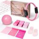 LIONSCOOL Pilates Ring Set  14" Anti-Deformation Magic Circle with Padded Handles, Mini Ball, Resistance Bands, Guide & Bag (Pink Pro)