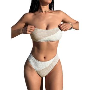 ZAFUL Bikini Sets for Women Strapless Color Block Lace Gingham Patchwork Bandeau Swimsuit 2 Pieces Bathing Suit (Medium, 1-brown)