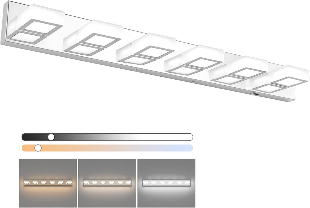 Ralbay Modern Chrome Bathroom Vanity Lights 5 Color Temperature 6 Lights Dimmable Acrylic Modern LED Bathroom Vanity Lighting Fixtures Chrome (40.4 inch)