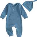 Kuriozud Newborn Infant Unisex Baby Boy Girl Clothes Button Romper Jumpsuit Basic One Piece Outfits (0-3 Months, Long Sleeve With Hat Blue)