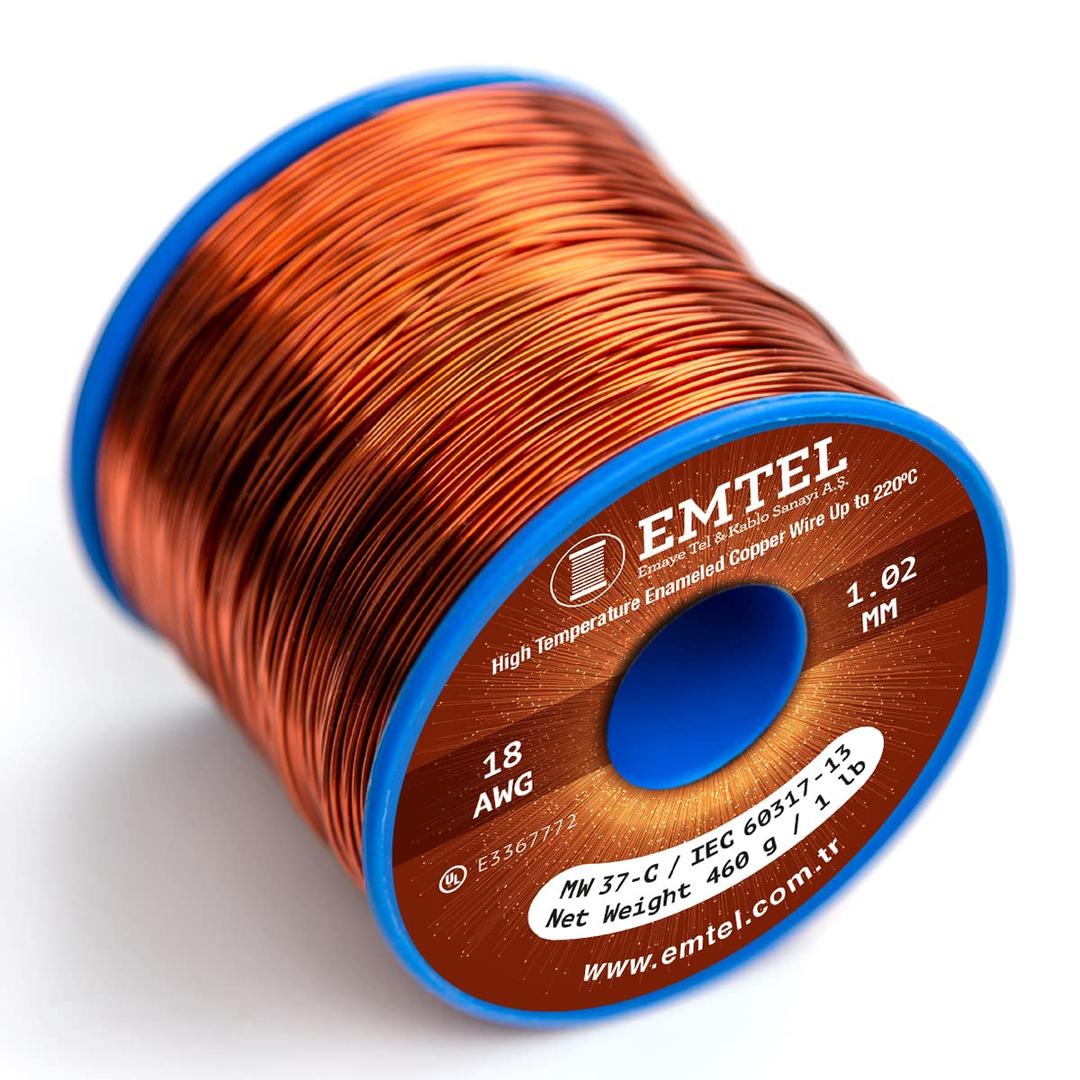 Emtel 18 AWG - 1 lb (202 feet) 99.9% Pure Copper Wire, Enameled Magnetic Wire for Motor, Transformer, Magnetic Coil, & Electroculture Gardening, Winding Magnet Wire - 220C (428F) Thermal Class