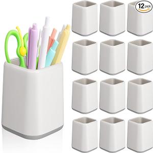 Mimorou 12 Pcs Pen Holder Pencil Holder Bulk for Desk Plastic Square Cups for Pen Makeup Brush Storage Organizer Pencil Cup Stationery for Classroom School Office Supplies 4.1 x 2.95 Inch(White)