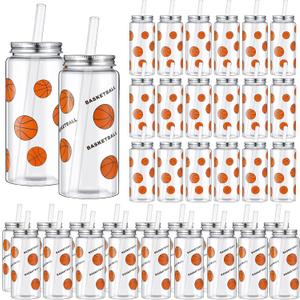 Maxdot 36 Pack 14.2 OZ Basketball Plastic Cups with Lid and Straw Bulk Basketball Cup with Lid and Straw Clear Reusable Plastic Juice Bottles Tumbler for Sport Themed Party Favors Birthday Team Gifts