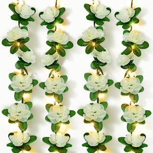 XURISEN Vines with Lights, 4Pcs 33Ft White Artificial Flower Garland with 39.3Ft/120LED Fairy Lights Battery Operated, Fake Rose Flower Garland Hanging Vines for Wedding Party Table Arch Garden