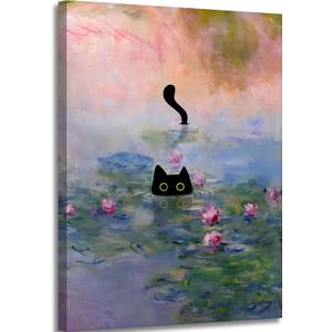 Framed Funny Black Cat Canvas Wall Art Picture Black Cat in the Pink Water Lily Evening Painting Vintage Preppy Aesthetic Animal Posters Prints for Living Room Bedroom Bathroom Decor 16x24-Inch