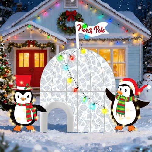 ARQRHTLY 5 Pcs Winter North Pole Decorations, 31.4 x 46.4 in Lighted 2D Ice House Cardboard Cutout with 2 Penguins Stand and Lights Strings for Yard Garden Lawn Indoor Outdoor