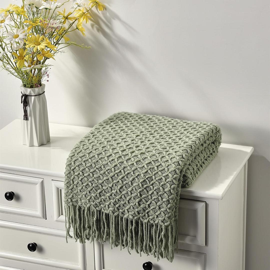 CREVENT Farmhouse Boho Knitted Throw Blanket for Couch Sofa Chair Bed Home Decoration, Soft Warm Cozy Light Weight for Spring Summer Fall (60''X80'' Sage Green)