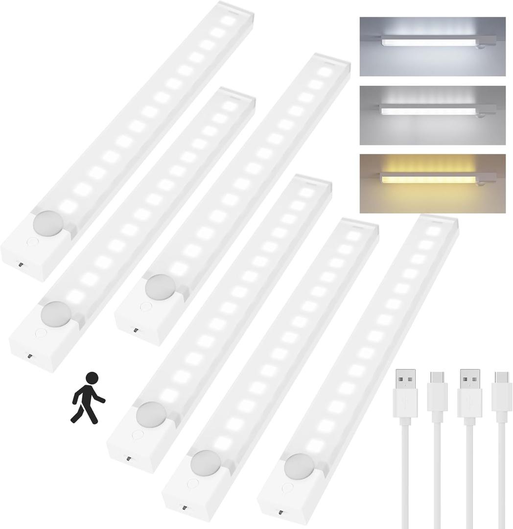 Under Cabinet Lighting 8 Inches Rechargeable Motion Sensor Light Indoor, 3 Color Dimmable Closet Light Battery Operated, USB Stick on LED Magnetic Under Counter Lights for Kitchen Stair, 6 Packs
