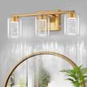 SineRise 3-Light Gold Vanity Light with 3 Color Modes (3000K/4000K/6000K), Eye Protection LED Bathroom Light Fixture, Dimmable Modern Wall Light Over Mirror with Clear Glass Shade