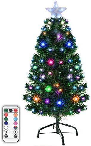Holiday Essence Prelit Artificial Christmas Tree, 4 Foot Pine Xmas Tree with Multi Function Changing LED Multi Colored Lights and Star Tree Topper with Remote, 120 Full Tips, Metal Stand