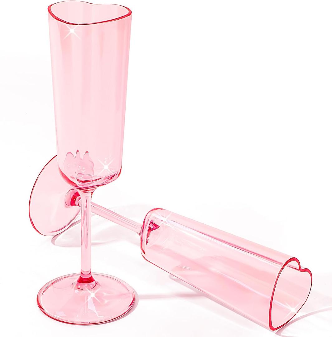 Teenyyou Valentines Day Pink Couple Glasses Set of 2, Mr and Mrs Champagne Flutes 6 oz Heart Shaped Bride and Groom Champagne Glasses Romantic Valentines Wine Cups Gift Wedding Party Supply
