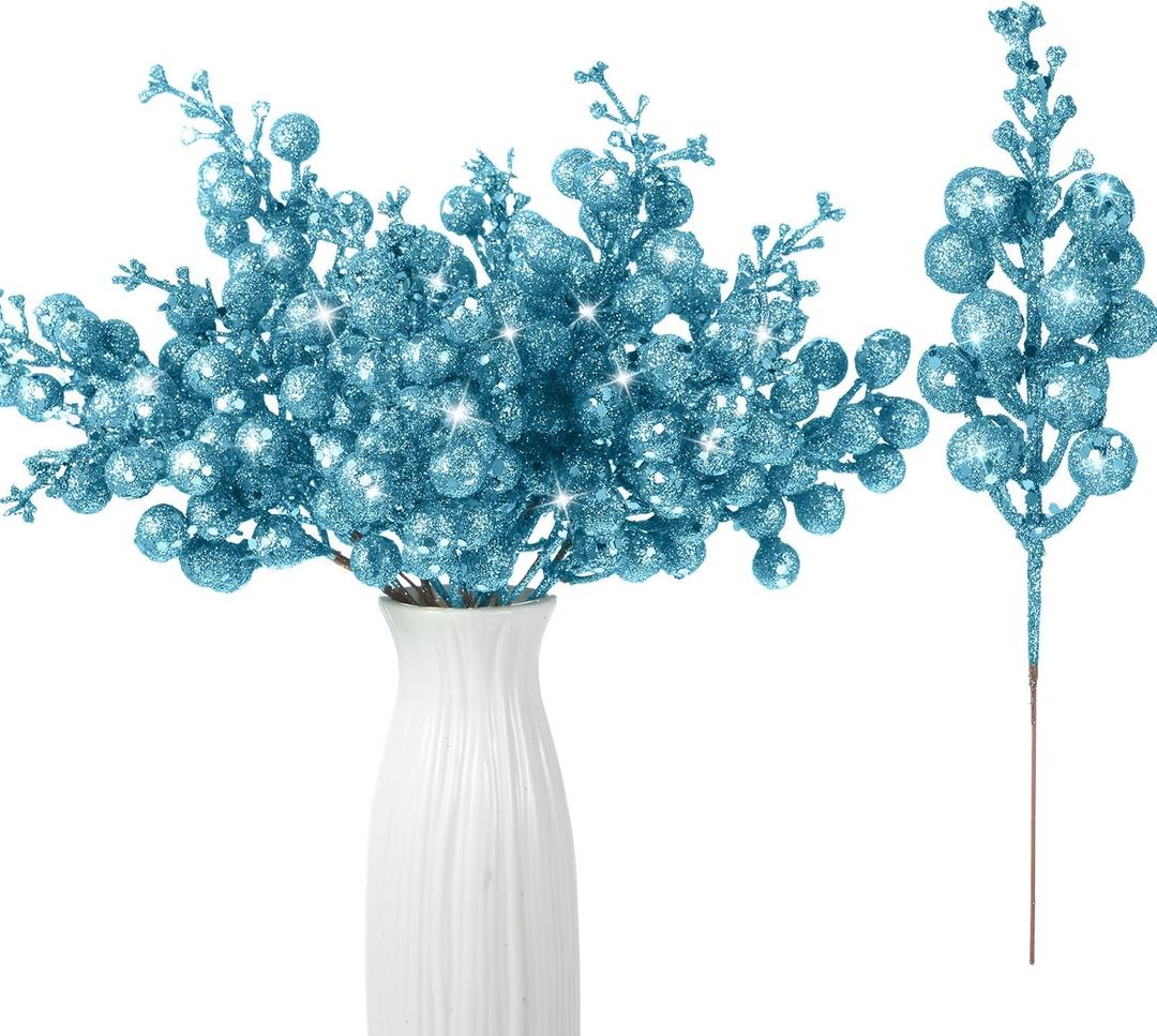 Geosar 36 Pcs Christmas Glittered Berries Stems 7.9 Inch Artificial Berries Sprays Branches Floral Pick for Christmas Tree Ornament, DIY Xmas Wreath, Crafts, Home Decor(Light Blue,Pure Color)