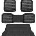 CAR PASS Heavy Duty Rubber Black Car Floor Mats & Cargo Liners, Deep Dish All-Weather Trunk Mats Durable Anti-Slip 3D Rhombus Waterproof Trim to Fit Liner Universal Fit Auto,Sedan,SUV,Truck, Black (Full Set, Black With Cargo Liners)