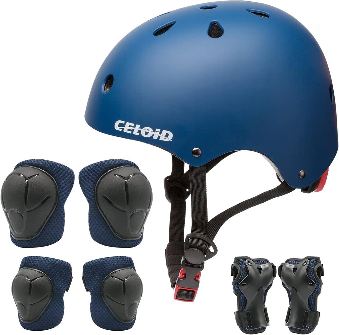 Kids Bike Skateboard Helmet Pad Set,Toddler Cyling Protective Gear Knee & Elbow Pads Wrist Guards for 5-8-10-12-14-16 Years Girls Boys Bicycle Scooter Roller Skate Inline Skating Rollerblading (Blue)