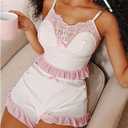 SweatyRocks Women's 2 Piece Pajama Set Ruffle Trim Crop Cami Top and Shorts Cute Lounge Set (White)