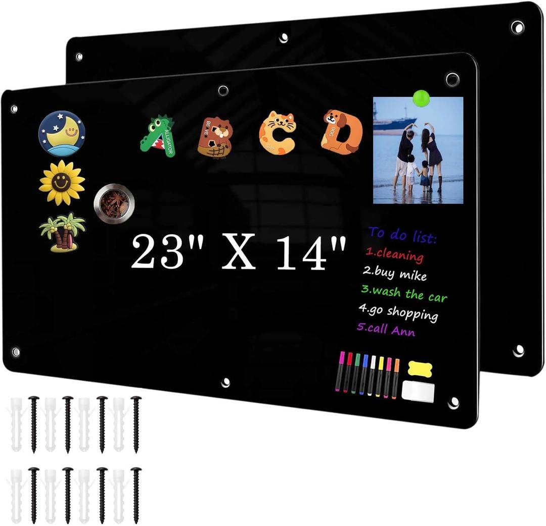 2Pack Black Magnetic Board,23" x 14" Magnet Bulletin Board to Display Magnetic Notes, Poetry, Photos, Suitable for Wall, Refrigerator, Cabinet etc, Large Dry Erase Memo Board Come with 6 Pcs Screws