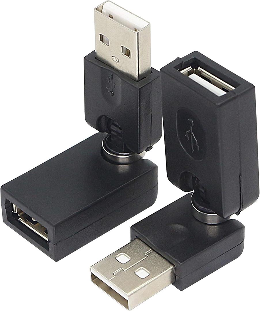 GELRHONR Swivel USB Adapter, Rotatable USB 2.0 Type A Male to Type A Female Extension Connector 360 Degree Rotation Adjustable Right Angle Extension Adapter Converter(Black- 2 Pack)
