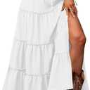 ELLEVEN Women's Summer Slit Tiered Maxi Skirt - Boho A-Line Elastic Waist Long Skirts with Pockets (Medium, White)