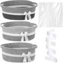 Colingmill 3 Pack Valentine's Day Small Bow Woven Basket Empty with Handles Gift Bags and Ribbon 12" x 8" x 5" Gift Baskets to Fill Storage Box Pet Toy Wedding Presents Birthday(Gray)