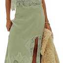 Women Satin 2 Piece Maxi Skirt Set Lace Trim Backless Tank Top Silk Slip Long Skirt Asymmetrical Outfits, Small
