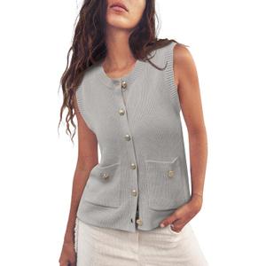 Saodimallsu Womens Summer Cropped Sweater Vest Sleeveless Button Ribbed Knit Crew Neck Cardigan Vests Top with Pockets (Gray, S)