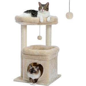 PEQULTI Cat Tree Cat Tower for Indoor Cats with Private Cozy Cat Condo, Natural Sisal Scratching Posts and Plush Pom-pom for Small Cats, Beige (27 inch Sleeping Tree)