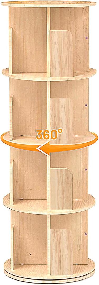 360 Display Rotating Bookshelf Tower, Spinning Bookshelf, 4 Tier Revolving Bookcase for Kids&Adults, Rotating Bookcase for Bedroom, Living Room,Solid Wood Bookshelf Organizer for Small Space