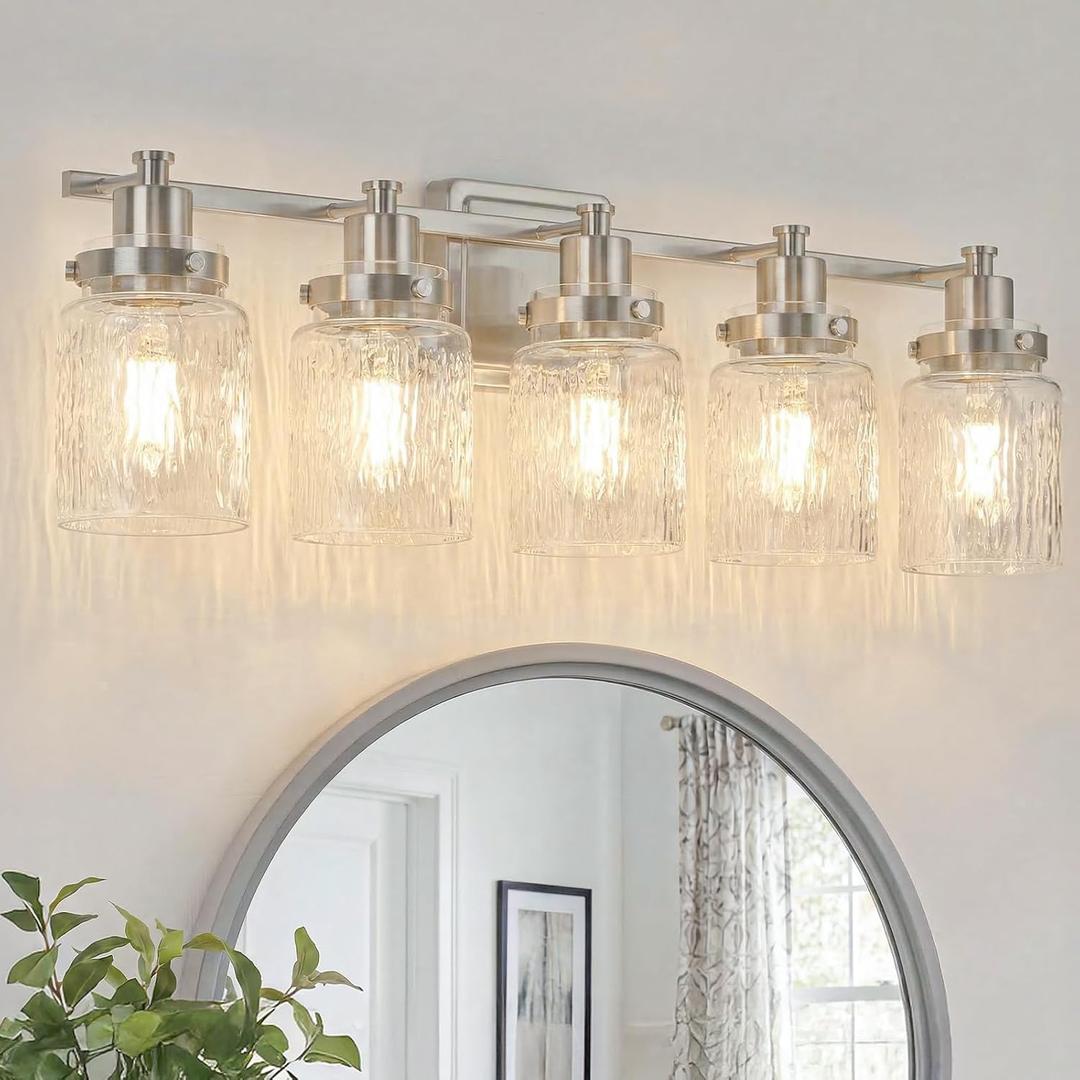 5 Lights Bathroom Light Fixtures Farmhouse Brushed Nickel Vanity Lights for Bathroom Lighting Fixtures Over Mirror with Hammered Glass Lampshade for Cabinet Mirror Bedroom Hallway