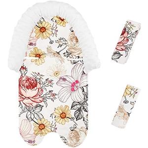 2-in-1 Baby Head Support and Strap Cover for Car Seat, Super Soft Mink Floral CarSeat Insert Cushion Headrest for Bouncers, Strollers, Swing