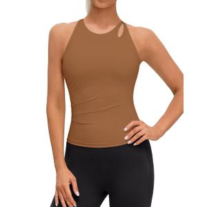 BMJL Womens Workout Tops Built in Bra Tank Top Sleeveless Yoga Gym Clothes (Brown, M)