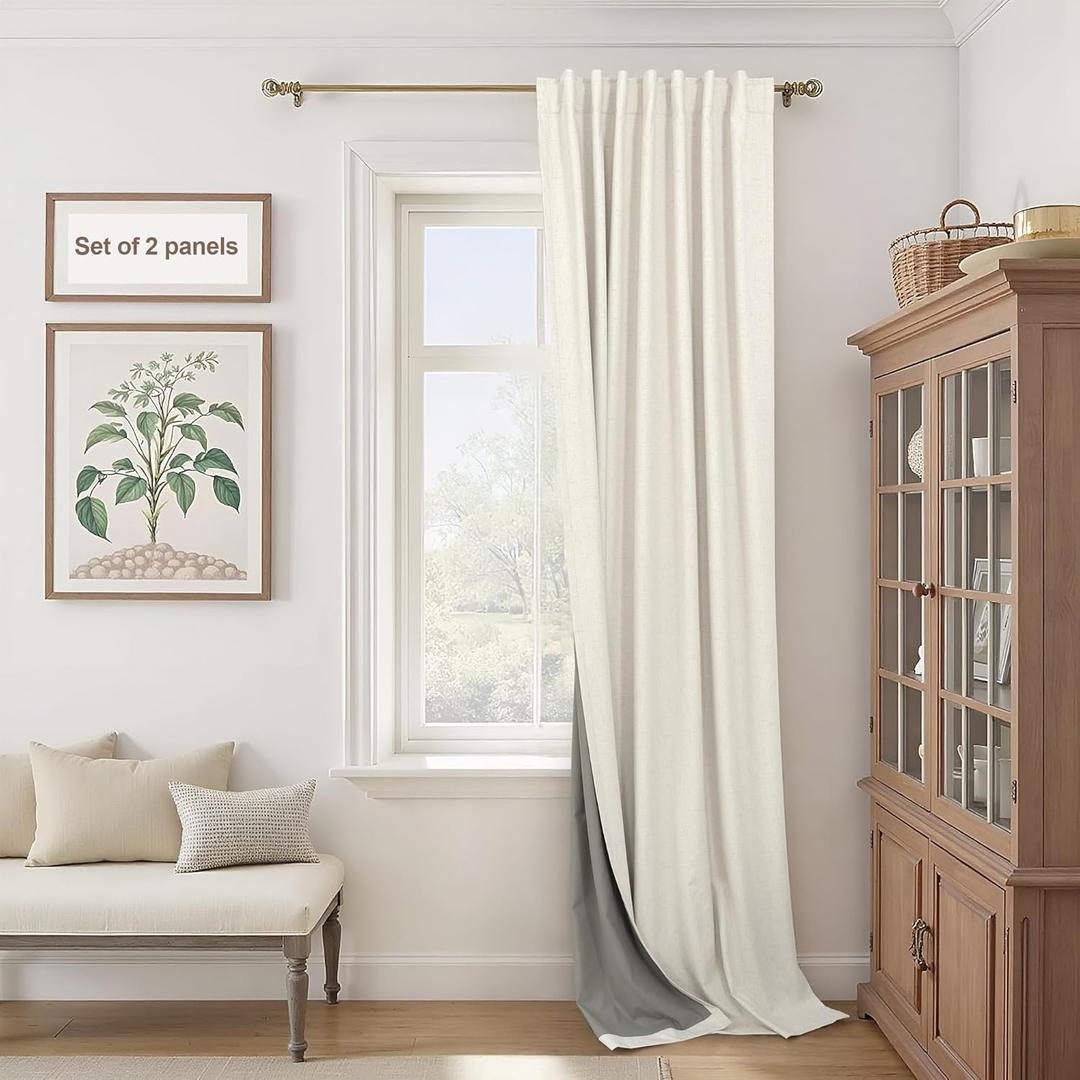 Cream Linen Blackout Curtains 60 Inches Wide for Bedroom Window Viral Modern Farmhouse Curtains for Sliding Glass Doors Thermal Soundproof Heavy Drapes 60x96 Long 2 Panels Ivory Off White Black Out (Natural)