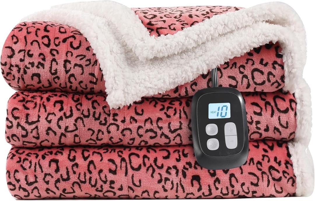 Electric Heated Blanket Full Size 72"x84", Leopard Print Soft Flannel & Sherpa, LCD Display 10 Heat Settings with 1-12H Timer & Overnight Safe, Bed & Couch, Machine Washable, Black Red