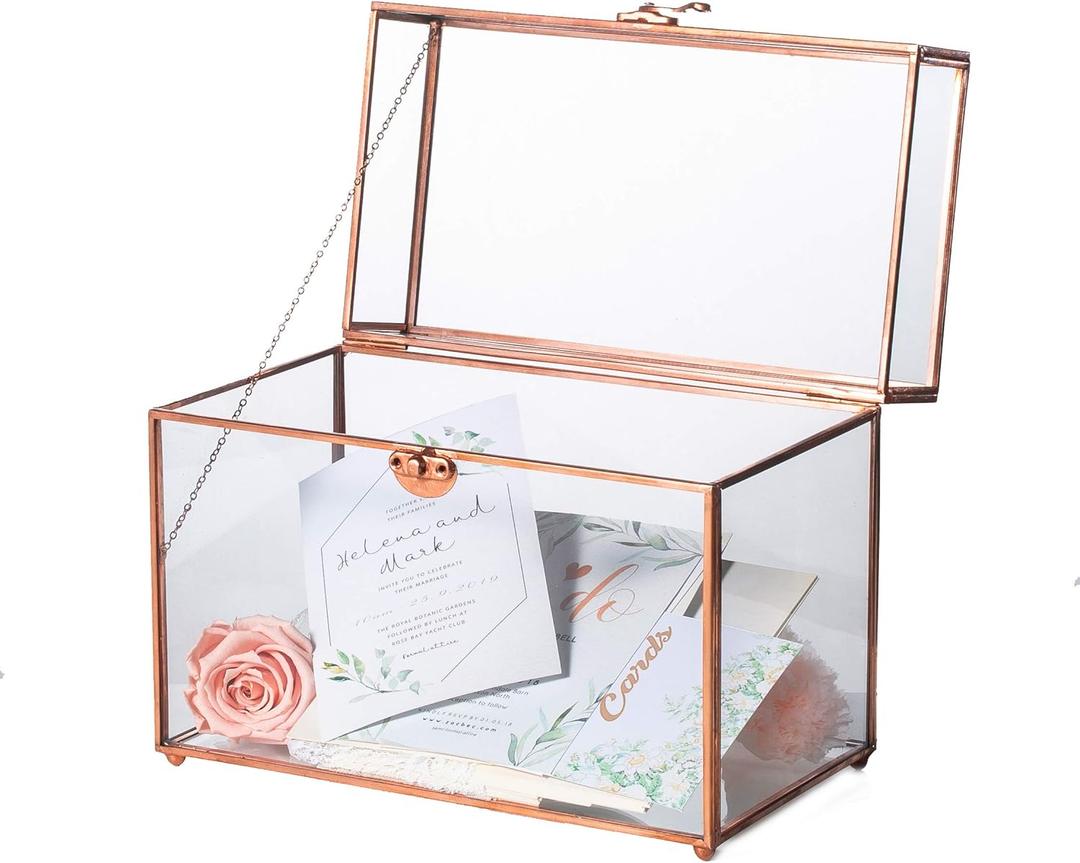 NCYP 9.8x5.6x7.7 Inches Glass Box with Foot for Wedding, Party Reception - Rose Gold Card Holder, Home Tabletop Copper Frame Terrarium, Centerpiece, Handmade (Glass Box Only, No Slot, No Lock)