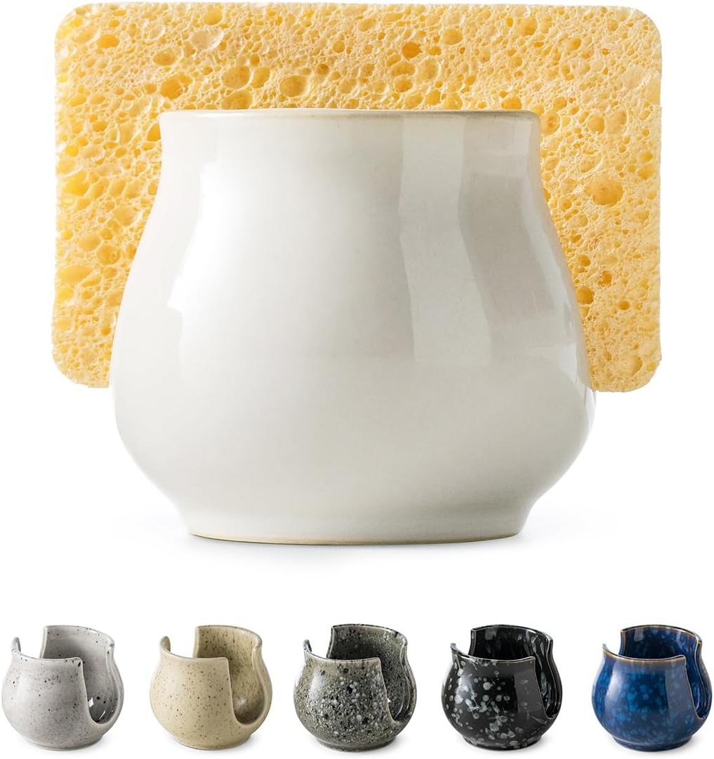 Sponge Holder for Kitchen Sink Counter, Ceramic Dish Sponge Caddy White Sink Organizer Dish Rack Farmhouse Brush Holder for Bathroom, Kitchen, White (Barrel-type)