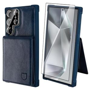VANAVAGY Compatible for Galaxy S24 Ultra Wallet Case with Credit Card Holder, PU Leather Magnetic Clasp Flip Phone Case with Coin Pocket Screen Protector for Women Men,Navy Blue
