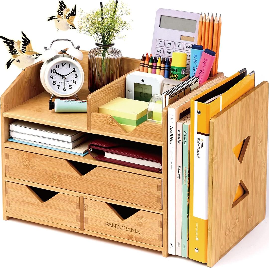 Pandorama Bamboo Desk Organizer Large - A4 Drawers & Adjustable File Holder, Fully Assembled Wood Desktop Storage for Kitchen, Bedroom, Bathroom, Study Room, 13.2