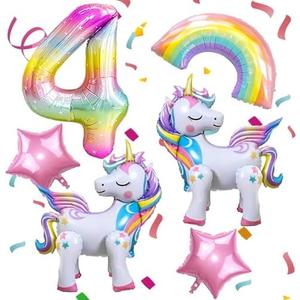 6PCS Self Standing Unicorn Balloons, Unicorn Balloon, Large Rainbow Balloon, Colorful Number 4 and Star Balloons for Girl 4th Birthday Party Decorations Supplies.(4th)