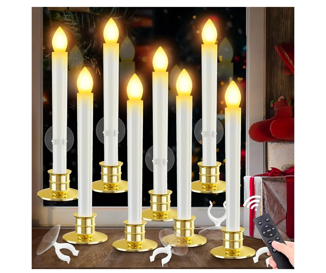 HINZER 8PCS Christmas Window Candles with Timer Remote Battery Operated Candles with Suction Cups LED Lights Christmas Decorations Electric Flickering Window Lights for Home Decor