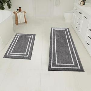 Uphome Bath Mats for Bathroom Floor Set of 2, Fluffy Microfiber Soft Bathroom Runner, Absorbent Non-Slip Machine Wash Bath Rug Runner, Modern Geometric Dark Gray Bathroom Mat Set for Tub Sink Laundry